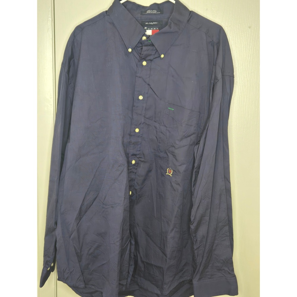 Tommy Hilfiger‎ Mens XXL Navy Blue 80s 2-Ply Fabric Button Down Crest Shirt